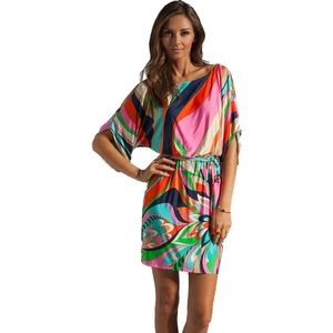 🛍️Trina Turk Surfside Swirl Jersey Dress Retro Batwing Mini Dress Stretch